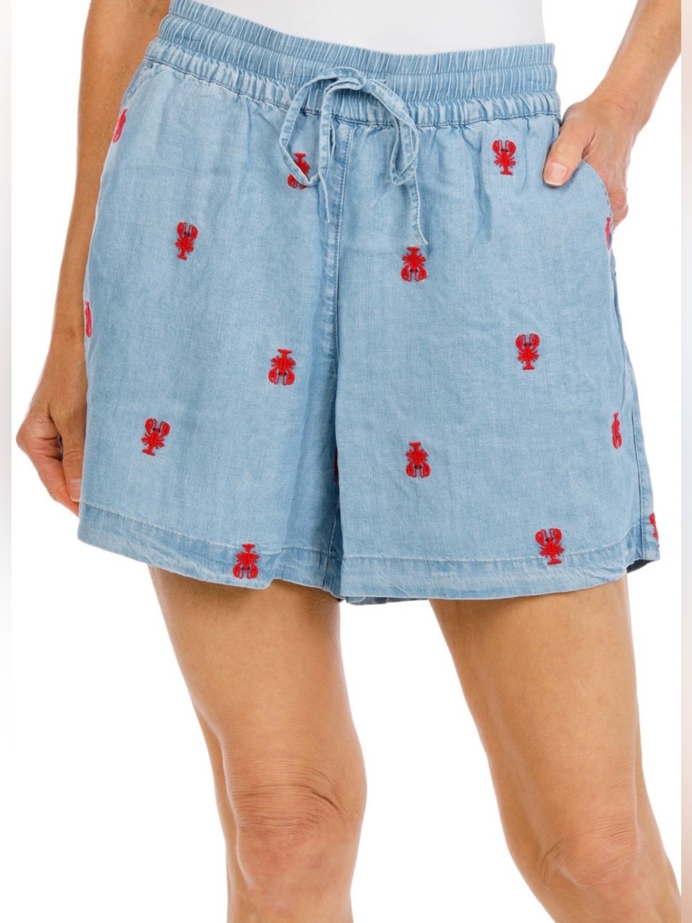 NWT Philosophy Light Blue Denim 100% Tencel Shorts with Red Lobster Embroidery